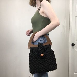 70s Vintage Handmade Macrame Bag Wooden Handle